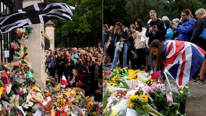 People gather in front of flowers and tributes placed outside of Buckingham Palace in London on September 9.