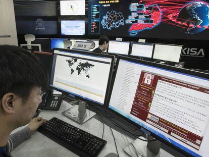 A technician in South Korea monitors a cyberattack.