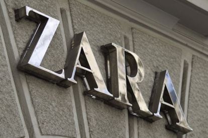 A logo on display outside a Zara fashion store, operated by Inditex SA, in Madrid.