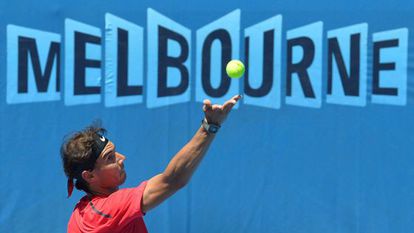 Rafael Nadal during a practice session at Melbourne Park on Friday. 