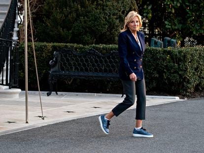 US First Lady Jill Biden exits the White House before boarding Marine One in Washington, DC, US, 11 January 2023.