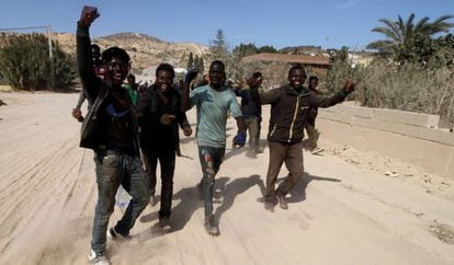 A group of migrants after crossing the border fence into Melilla last September.