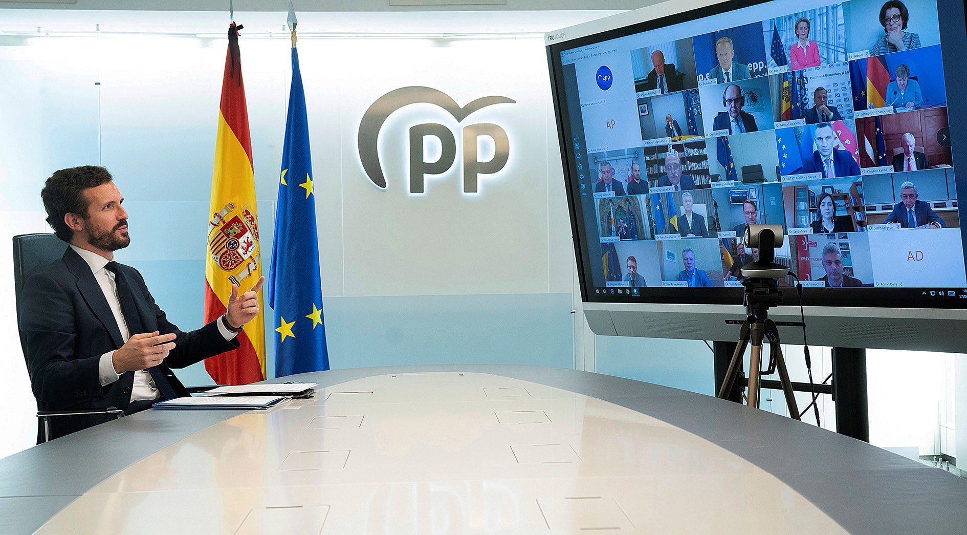 Pablo Casado, president of Spain's Popular Party, in a video conference with the European People's Party. 