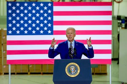 US President Joe Biden speaks at Flex LTD., in West Columbia, South Carolina, USA, 06 July 2023. Biden announced a new manufacturing partnership between Enphase Energy and Flex LTD.