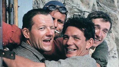 From left to right, Mazeaud, Guillaume, Veille and Kohlmann, on July 8, 1961 in the Fourche hut.