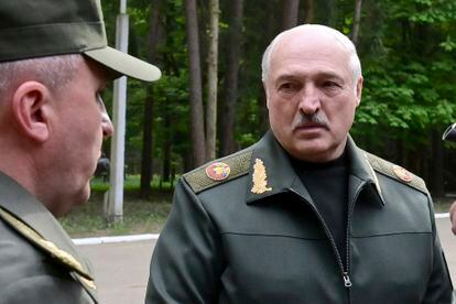 Belarusian President Alexander Lukashenko speaks to officers as he visits the Central Command Post of the Air Force and Air Defense Forces in Belarus, on May 15, 2023.