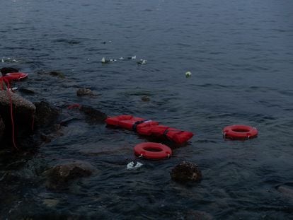 Life preservers thrown  in protest  into the Mediterranean by members of the Greek Communist Party on June 20.