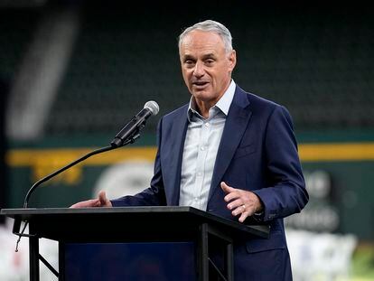 Major League Baseball Commissioner Rob Manfred makes comments before the unveiling of the 2024 All-Star game logo, Thursday, July 20, 2023, in Arlington, Texas. The MLB All-Star Game has grown into a truly Texas-sized event since the last time the Rangers hosted the midsummer classic. The countdown is on for 2024 game on July 16, and all of the activities around the game. (AP Photo/Tony Gutierrez)