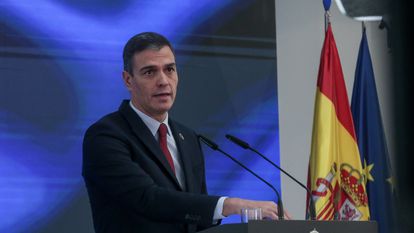 Pedro Sánchez during today's presentation.