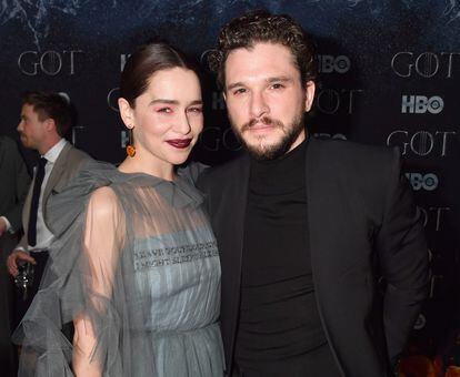 Actors Emilia Clarke and Kit Harrington at the 2019 premiere of season 8 of 'Game of Thrones.'