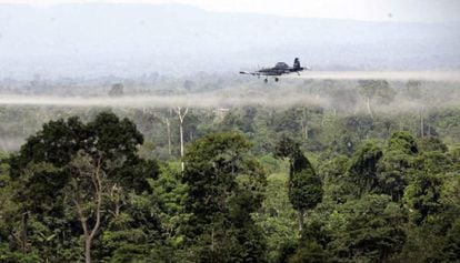 Aerial fumigation of coca crops in southern Colombia
