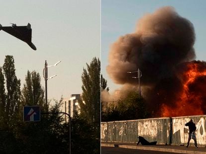 A drone approaches for an attack in Kyiv on Monday, October 17.