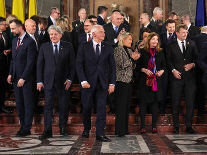 Participants pose for a family photo during an informal meeting of European Defense Ministers in Brussels, Belgium, 31 January 2024.