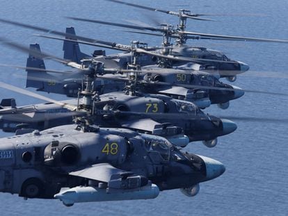 Four Russian Ka-52 helicopters during the Victory Day parade in Saint Petersburg on June 24.