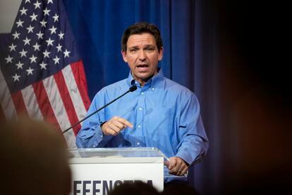 Florida Gov. Ron DeSantis speaks during a fundraising picnic for U.S. Rep. Randy Feenstra, on May 13, 2023, in Sioux Center, Iowa.