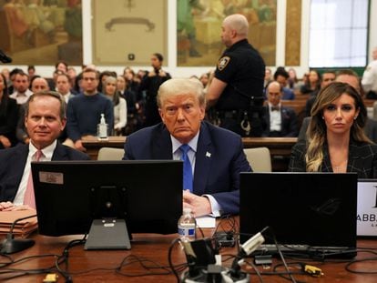 Former president Donald Trump and lawyers Alina Habba and Christopher Kise attend the Trump Organization civil fraud trial, in New York State Supreme Court in the Manhattan borough of New York City, U.S., November 6, 2023.