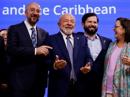 Council President Charles Michel, Brazil's President Luiz Inácio Lula da Silva, Chile's President Gabriel Boric and El Salvador's Foreign Minister Alexandra Hill Tinoco in Brussels during the EU-CELAC summit on Monday.