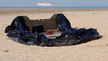 A boat on the beach of Gravelines, near Calais, France, from where tens of thousands of migrants leave to reach the United Kingdom.