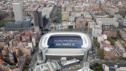 An aerial view of the Santiago Bernabéu stadium, home to Real Madrid.