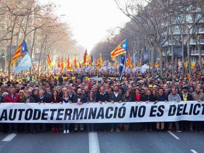 Catalan premier Quim Torra and other pro-independence leaders led the march against trial of separatists leaders in Barcelona.