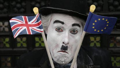 An anti-Brexit protestor outside the British parliament in London.