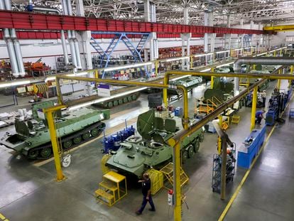 An armored vehicle factory in Tatarstan, Russia, in an image from the Russian Ministry of Defense, July 11, 2023.