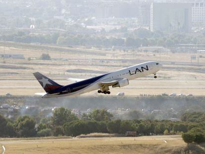 A LAN plane takes off from Barajas airport in Madrid.
