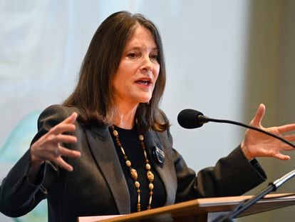 Democratic presidential candidate Marianne Williamson addresses the crowd at The Interfaith Center for Spiritual Growth, Sunday, Sept. 10, 2023, in Ann Arbor, Mich.