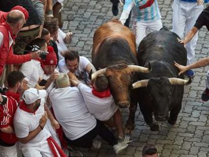 Ahead of the longest run of the fiestas so far in Pamplona this week, a number of people staged a sit-in to object to what they call the “denaturing” of the world-famous Running of the Bulls