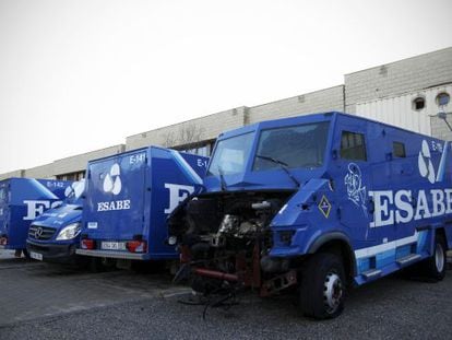 The dilapidated state of the fleet of security company Esabe's trucks, which are languishing in an industrial park in Madrid.