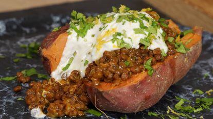 Spiced lentils with sweet potato and yogurt.