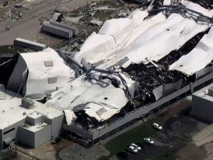 The roof of a Pfizer facility shows heavy damage after a tornado passed the area in Rocky Mount, North Carolina, U.S. July 19, 2023.