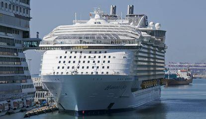 Controversial cruise liner ‘Harmony of the Seas’ anchored in Barcelona.