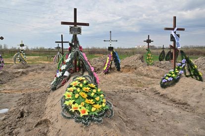 The cemetery at Bucha, April 25. Ukrainian President Volodymyr Zelenskiy described the massacre as "genocide" and called on the International Criminal Court to investigate. 