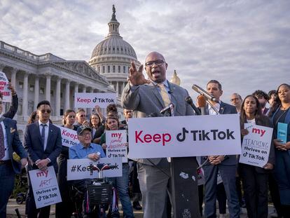 Representative Jamaal Bowman leads a rally to defend TikTok at the Capitol in Washington, on March 22, 2023.