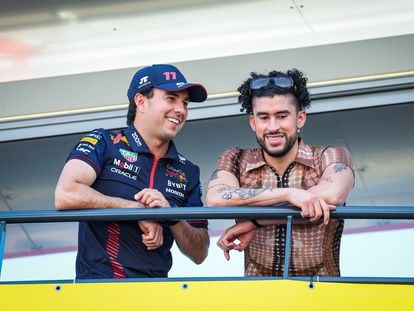 The Mexican race car driver Sergio “Checo” Pérez with the singer Bad Bunny, at the Monaco Grand Prix, on May 26, 2023.