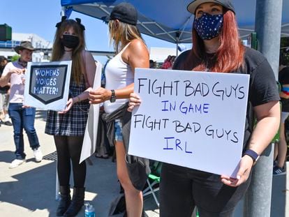 Blizzard employees demand better working conditions at a protest in Irvine, California in July.