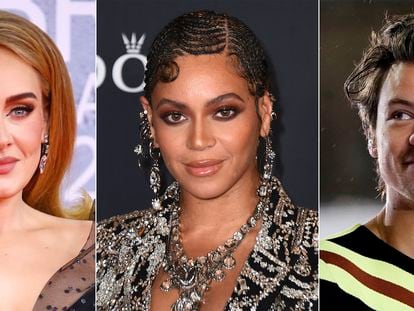 This combination of photos shows top nominees for the Gramy Awards, from left, Adele, Beyonce and Harry Styles.