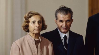 Romanian President Nicolae Ceausescu and his wife, Elena, on an official trip.