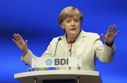 German Chancellor Angela Merkel speaking on Tuesday.