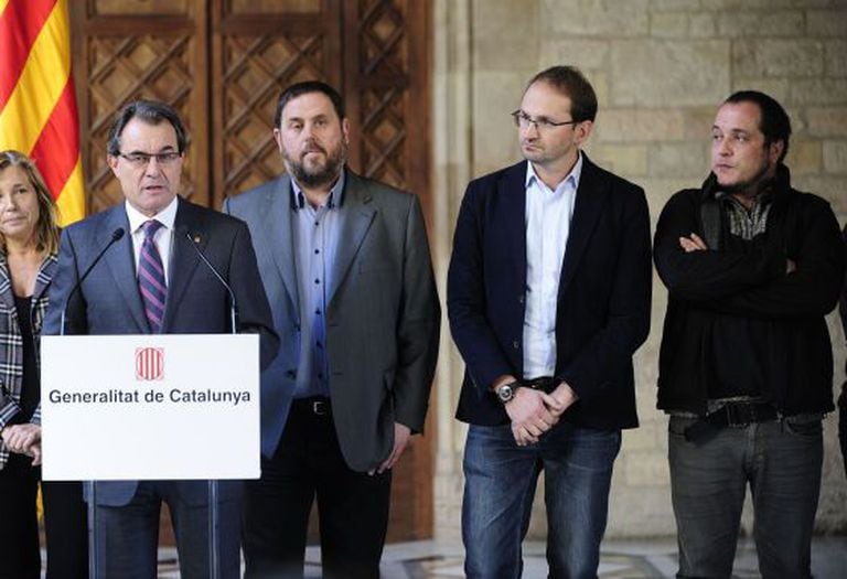 From left to right: Artur Mas (CiU), Oriol Junqueras (ERC), Joan Herrera (ICV) and David Fernández (CUP) during Thursday's press conference.