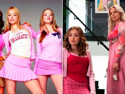 At left, image from the original movie ‘Mean Girls’ (2004), and from its new version (2024).