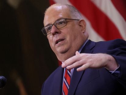 Former Maryland governor Larry Hogan holds a news conference at the Maryland State Capitol in Annapolis, Maryland, in July 2020.