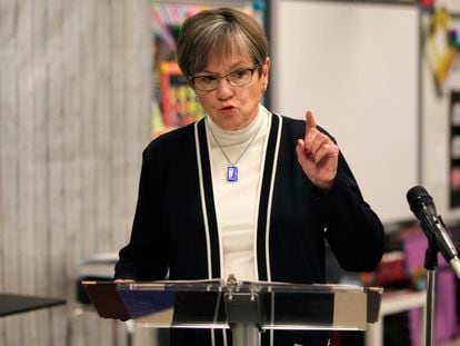 Kansas Gov. Laura Kelly speaks to reporters during a news conference, Monday, April 24, 2023, in a second-grade classroom at Elmont Elementary School in Topeka, Kansas