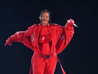 In this file photo taken on February 12, 2023 Barbadian singer Rihanna performs during the halftime show of Super Bowl LVII between the Kansas City Chiefs and the Philadelphia Eagles at State Farm Stadium in Glendale, Arizona.