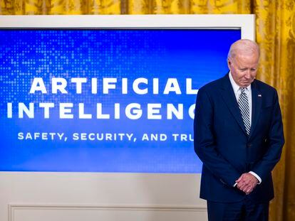 US President Joe Biden prepares to sign an executive order to regulate artificial intelligence (A.I.) in the East Room of the White House in Washington, DC, USA, 30 October 2023.
