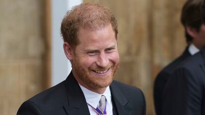 Prince Harry as he leaves Westminster Abbey after the coronation of Charles III, on May 6, 2023, in London.