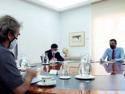(l-r) Health official Fernando Simón, Health Minister Salvador Illa and Prime Minister Pedro Sánchez at a meeting on the coronavirus situation in Spain.