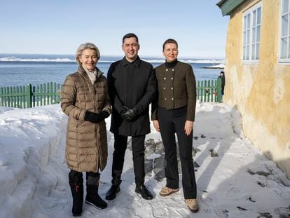 (L-R) European Commission President Ursula von der Leyen, Greenland's Prime Minister Mute Bourup Egede and Denmark's Prime Minister Mette Frederiksen pose as they walk on the day of the opening of the new EU office in Nuuk, Greenland, 15 March 2024.