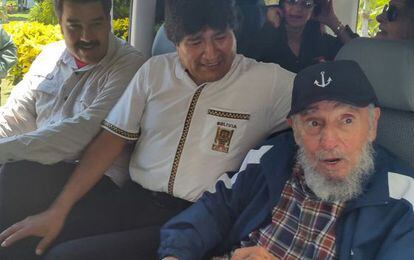 Nicolás Maduro, Evo Morales and Fidel Castro ride in a van in Havana on Thursday.